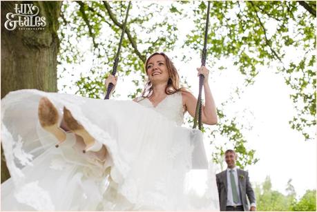 Woodlands B&B Wedding Photographer bride on swing Tux & Tales Photography