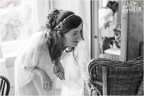 Relaxed, natural wedding photography woodlands B&B bride laughing