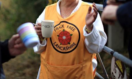 Frack Free Lancashire activists wait for the arrival of supporters at an anti-fracking camp near the site of a proposed drilling rig at Westby near Blackpool. Photograph: Christopher Furlong/Getty Images