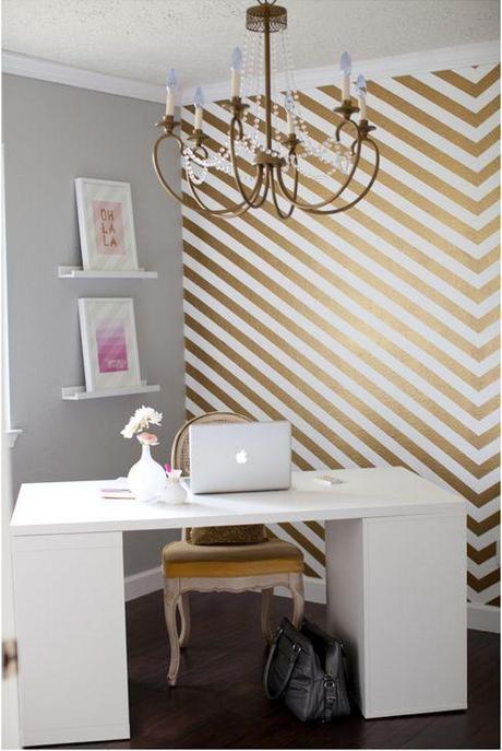 gold chevron walls. Home office // ke note: love this effect with the gray- I know I'm going to have to have at least two gray walls in my office so I can have studio space, maybe this is the pallet to go with? Perfect tie in with the nest :)