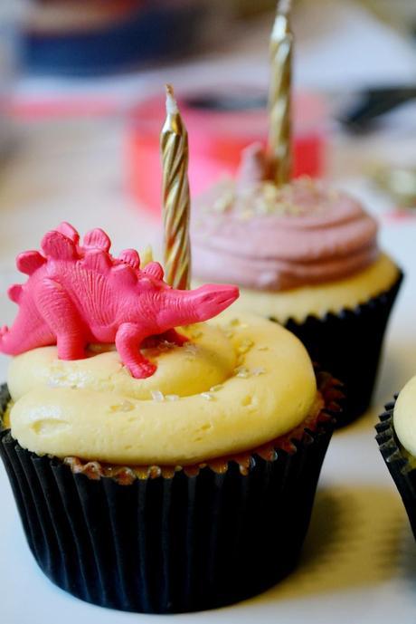dinosaur, neon pink, cupcake, apricot, gold,