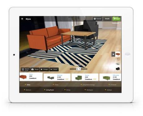 Furnish app on iPad with orange couch and coffee table