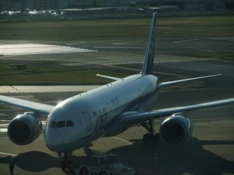 DSCF3598 残暑の日差しに染まる機体，福岡空港 / Fukuoka Airport, in the lingering hot summer heat