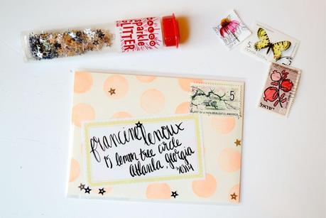 coral, yellow, paper source, hand lettering, fun fonts, gel pen, polka dot, glitter