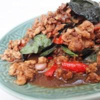 Kai Kraphao- wok fried minced chicken with basil and red chillies flavoured with oyster sauce