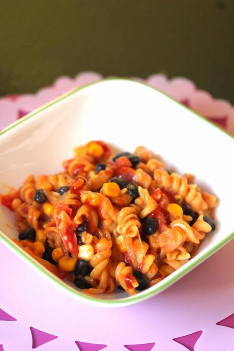 Cheezy, Tomato-y Pasta with Corn, Peppers, and Black Beans + our 300th post!