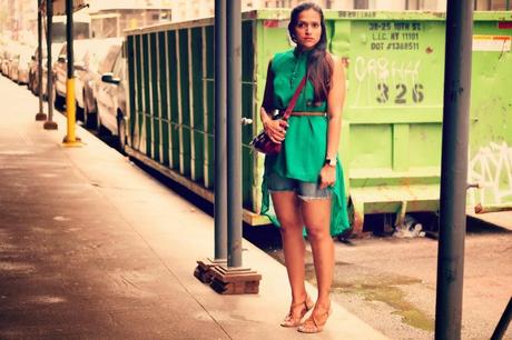 Green Tunic, Cut Offs, Flats, Cross Body Bag, Tanvii.com