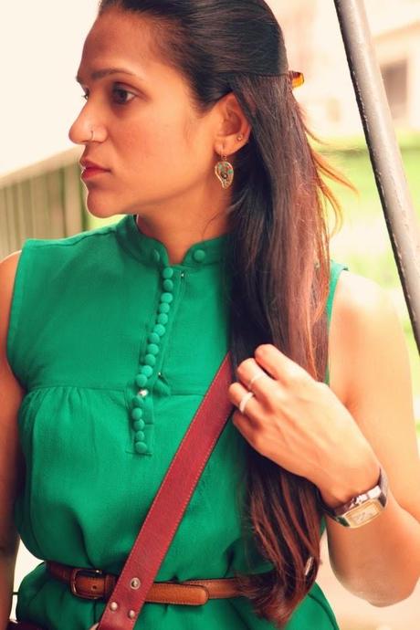 Green Tunic, Cut Offs, Flats, Cross Body Bag, Tanvii.com