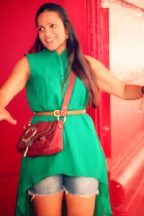 Green Tunic, Cut Offs, Flats, Cross Body Bag, Tanvii.com