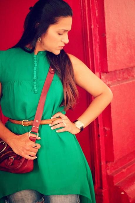 Green Tunic, Cut Offs, Flats, Cross Body Bag, Tanvii.com