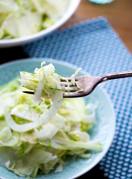 Apple, Fennel & Brussels Sprouts Slaw- a fresh, crunchy salad tossed in an apple cider vinaigrette.  Ready in 15 minutes!