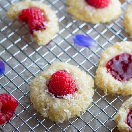 Raspberry Rose Coconut Thumbprint Cookies | sweetpeasandsaffron.com