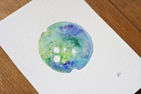 Galaxy Planet Moon // Green & Blue // Original 5 x 7 Watercolor from mumre