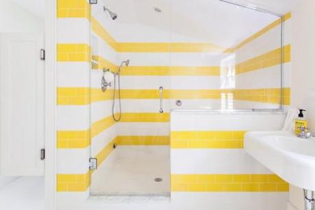 Yellow And White Striped Tile Bathroom