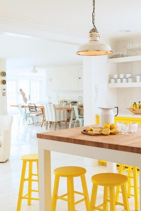 Country Style All White Kitchen WIth Pops Of Yellow