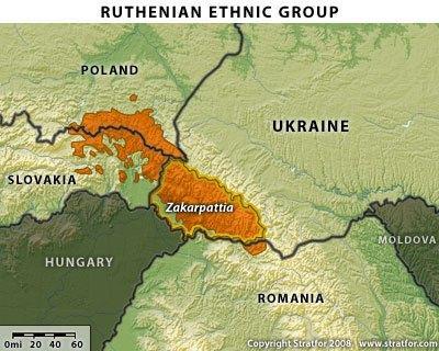 The extent of the Rusyn ethnic group in Ukraine, Poland and Slovakia.