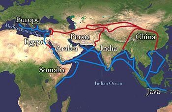 Extent of Silk Route/Silk Road. Red is land ro...
