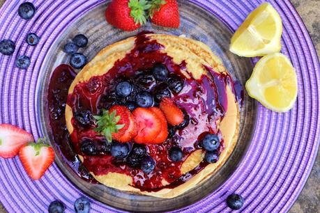 Lemon Scented Pancakes with Blueberry Syrup