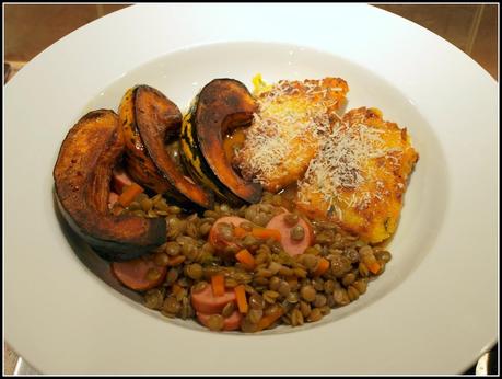 Sausage and lentils with roasted squash