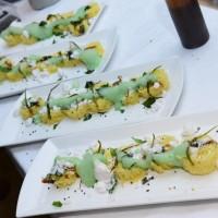 Dhokla (with chutney foam and coconut snow)