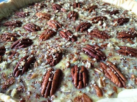 pecans layered across salted caramel filling and pastry base pie recipe