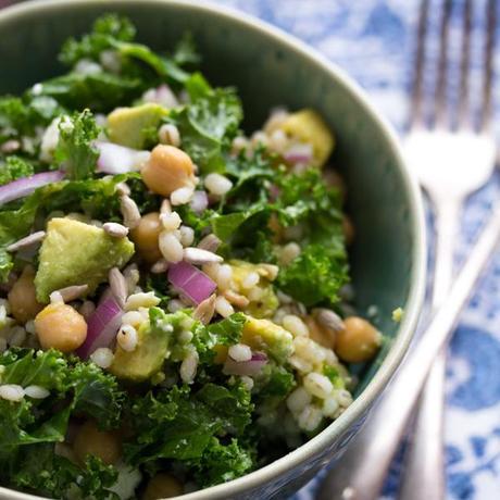 Kale, Barley and Feta Salad with a Honey-Lemon Vinaigrette | Kale, Barley, Feta, Chickpeas, Avocado, Sunflower Seeds and Red Onion are tossed in a tangy Honey-Lemon Vinaigrette. #lunch #kale