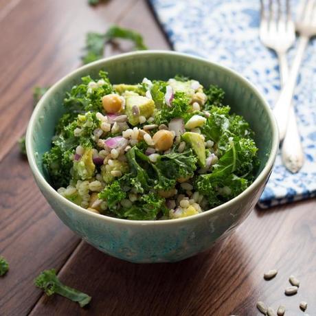 Kale, Barley and Feta Salad with a Honey-Lemon Vinaigrette | Kale, Barley, Feta, Chickpeas, Avocado, Sunflower Seeds and Red Onion are tossed in a tangy Honey-Lemon Vinaigrette. #lunch #kale