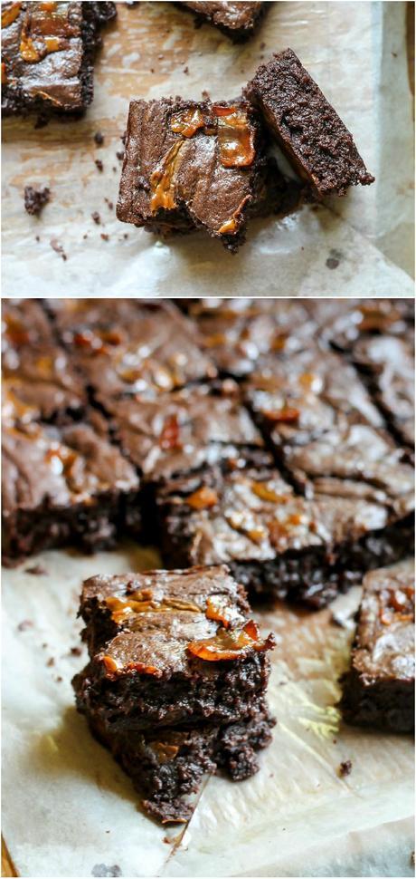 Bacon Caramel Brownies | These brownies are swirled with caramel and studded with pieces of brown sugar bacon! Recipe from Bakerita.com